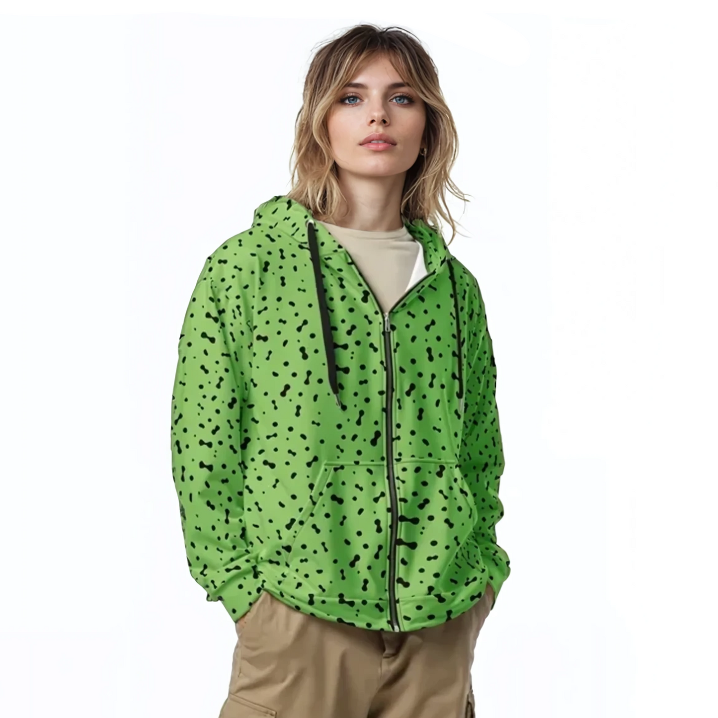 Person wearing Fleca zip Hoodie, showcasing its relaxed fit and drop shoulders.