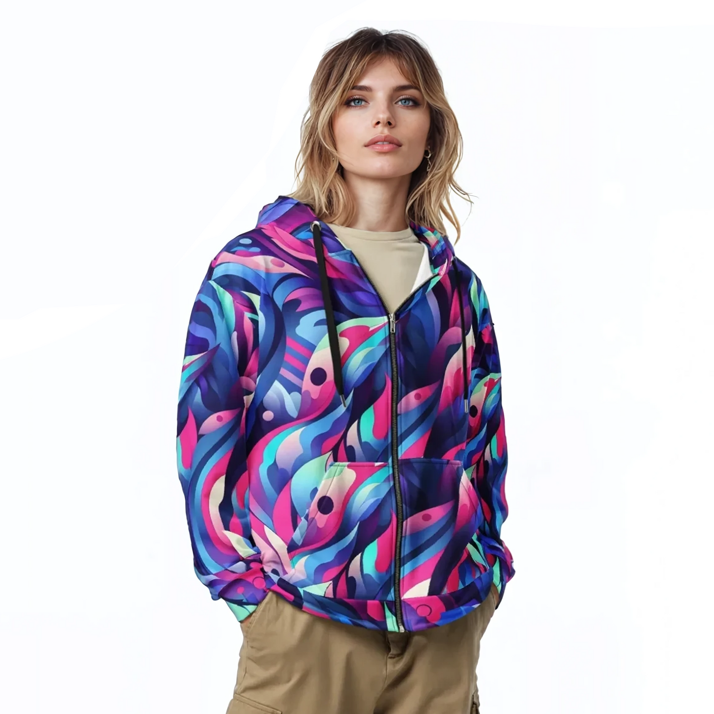 Woman wearing Master the Zip hoodie, showcasing its relaxed fit and double-lined hood.