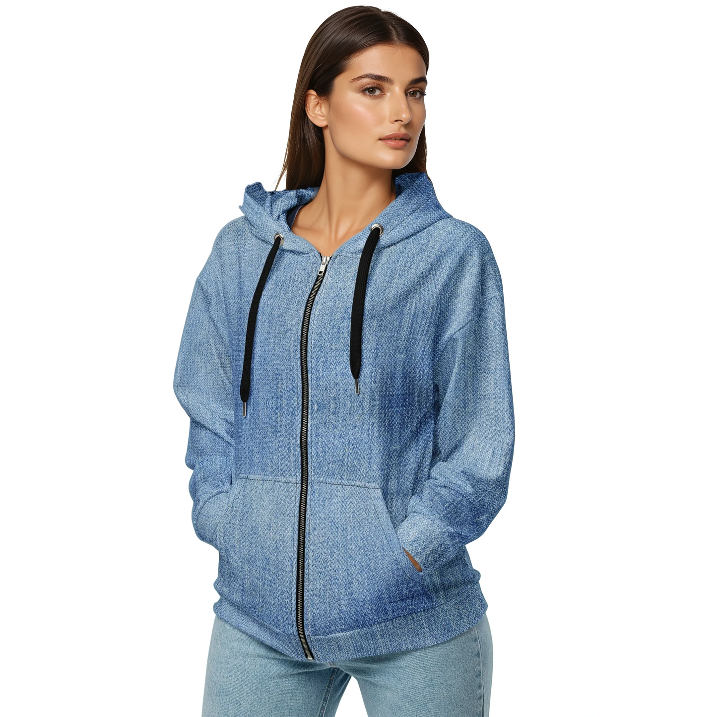 True Ease Zip hoodie with close-up of zipper and black strap.