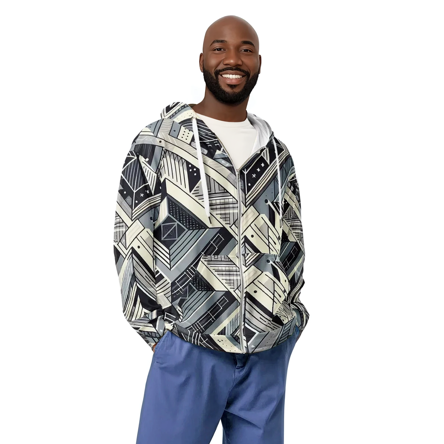 Man smiling, wearing Pattern Sq's zip hoodie with drop shoulders.
