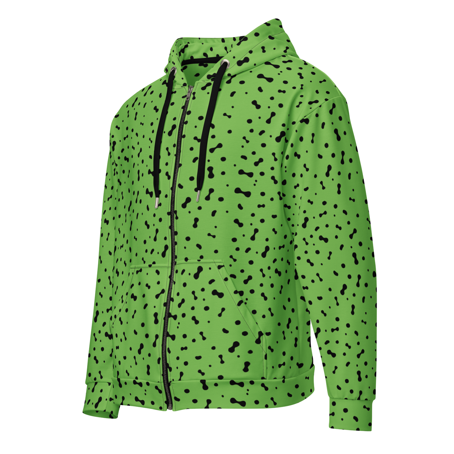 Fleca zip Hoodie featuring a unique black spot pattern and premium zipper.