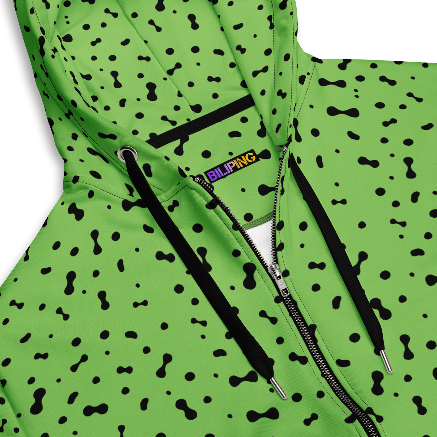 Fleca zip Hoodie with black spots and a visible logo.