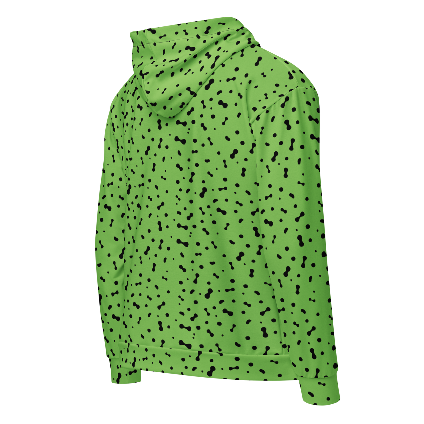 Fleca zip Hoodie with black spots, sustainable and unisex design.