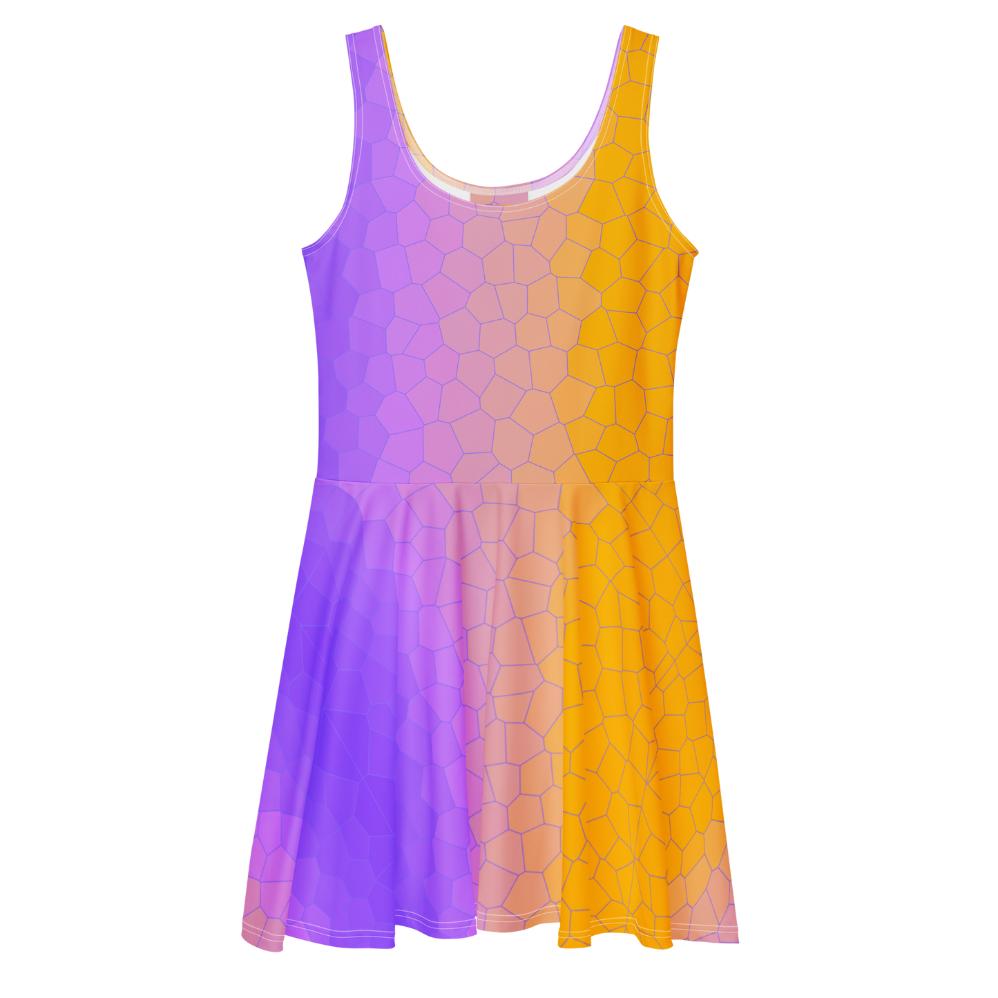 Sleeveless Skater Dress with flared, patterned design and elastic waist.