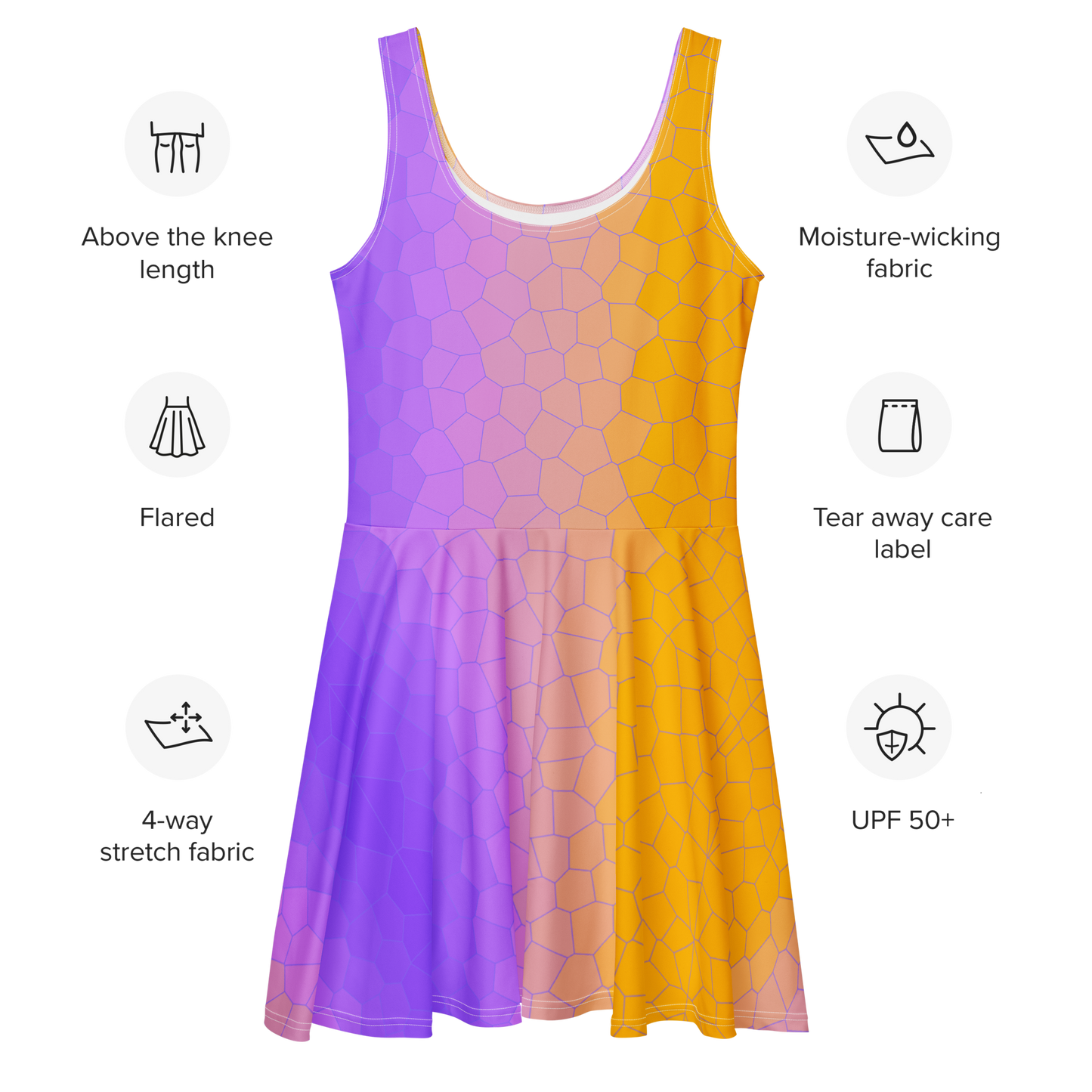 Skater Dress with flared skirt, sleeveless design, and elastic waist.