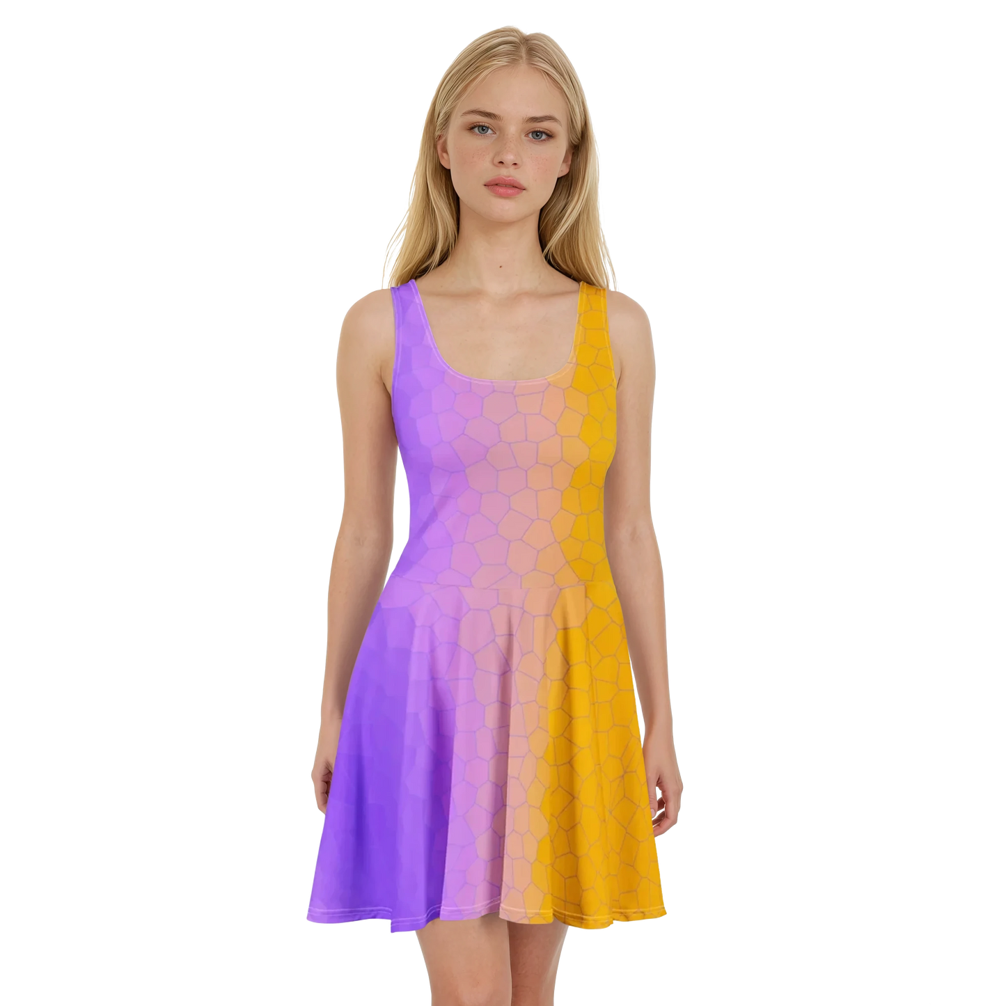 Skater Dress: Close-up of woman wearing sleeveless, flared skater dress.