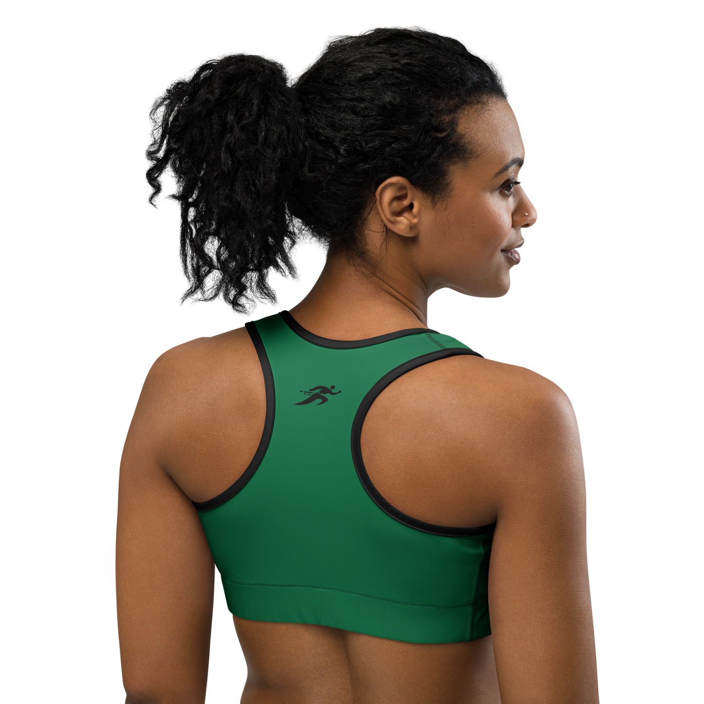 Momentum Green Bra: Close-up of woman wearing the scoop neck racerback bra.