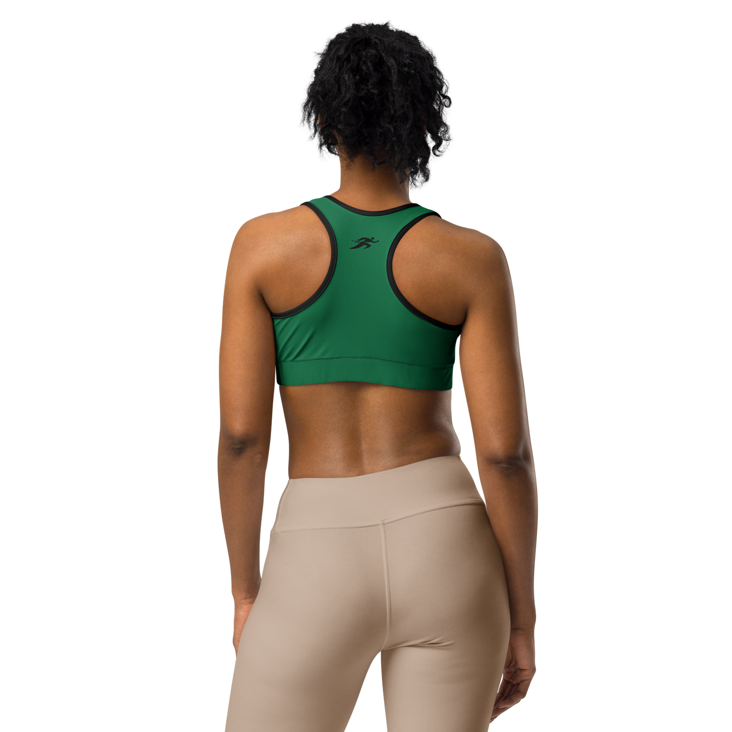 Momentum Green Bra highlighting its racerback design and supportive elastic band.