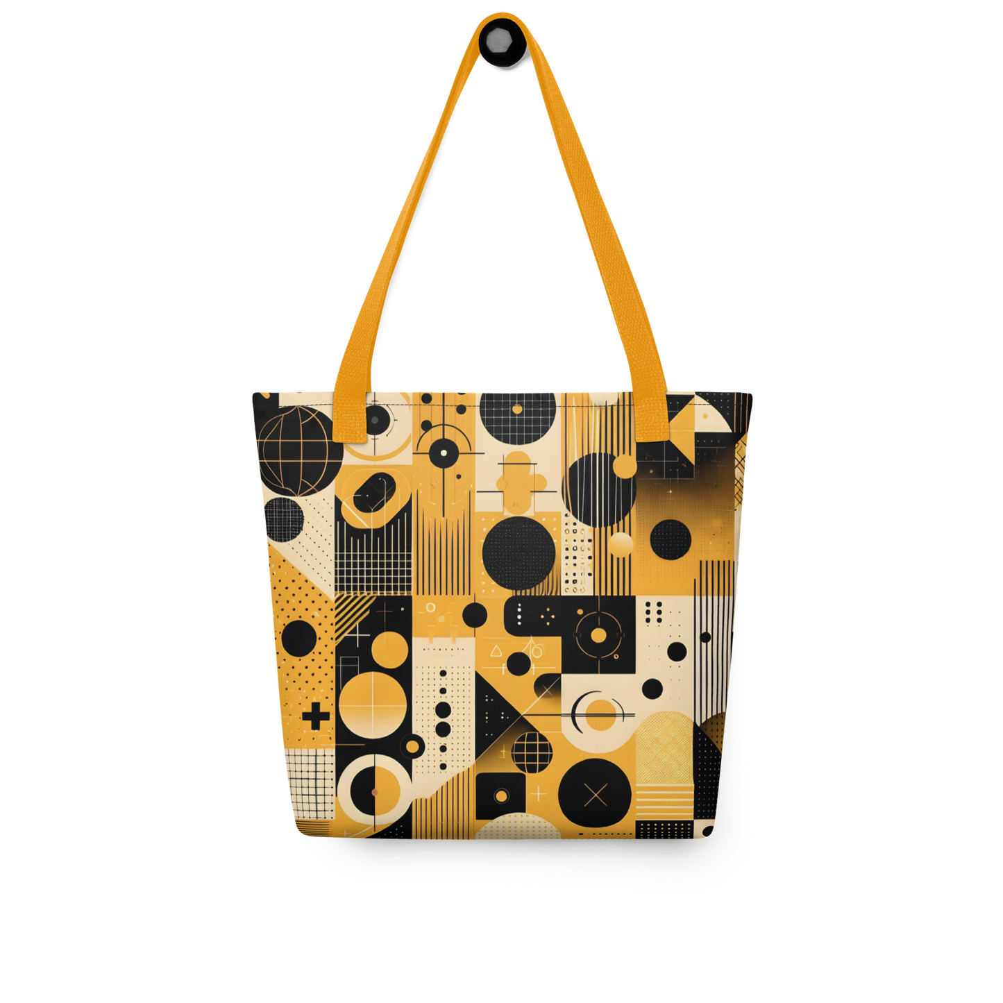 Cadence Tote close-up; guitar logo, dotted black circle design.