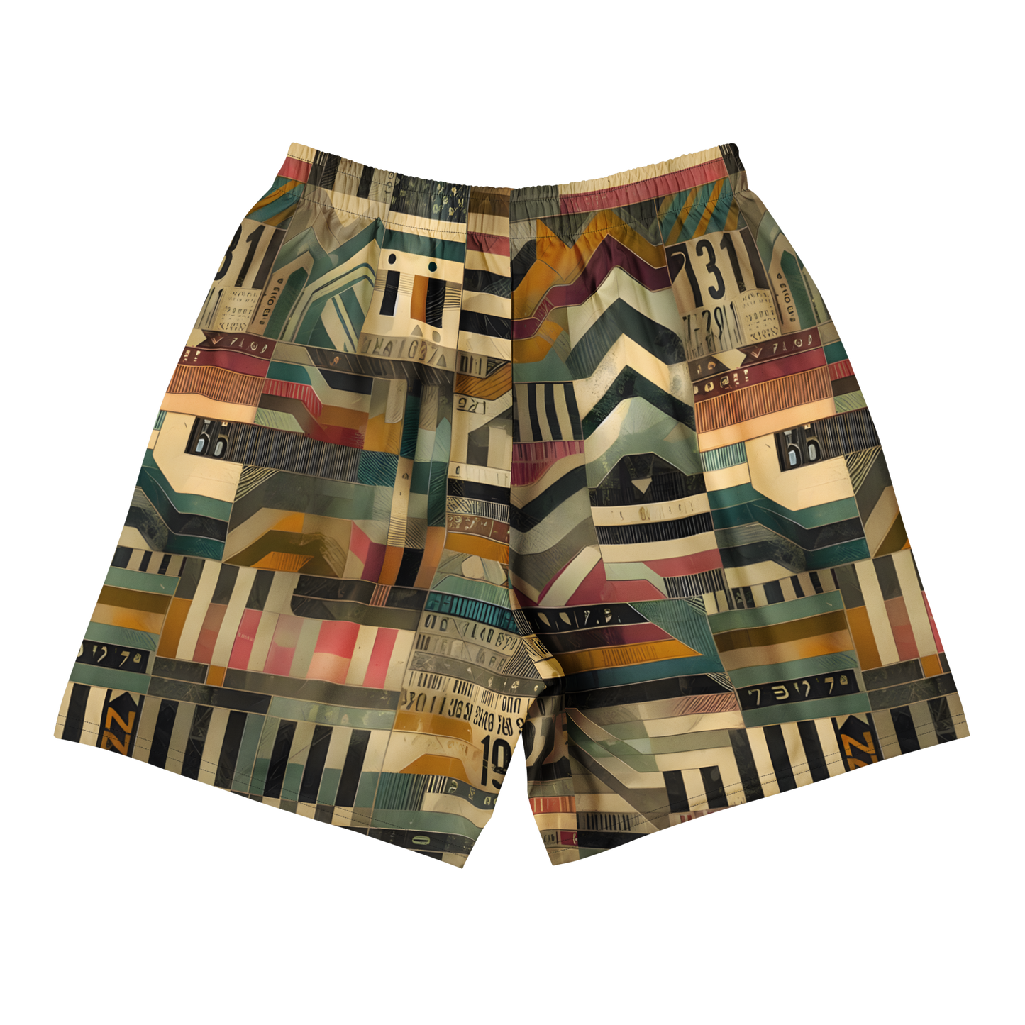 Men's Athletic Shorts 1 close-up showcasing patterned design and logo detail.