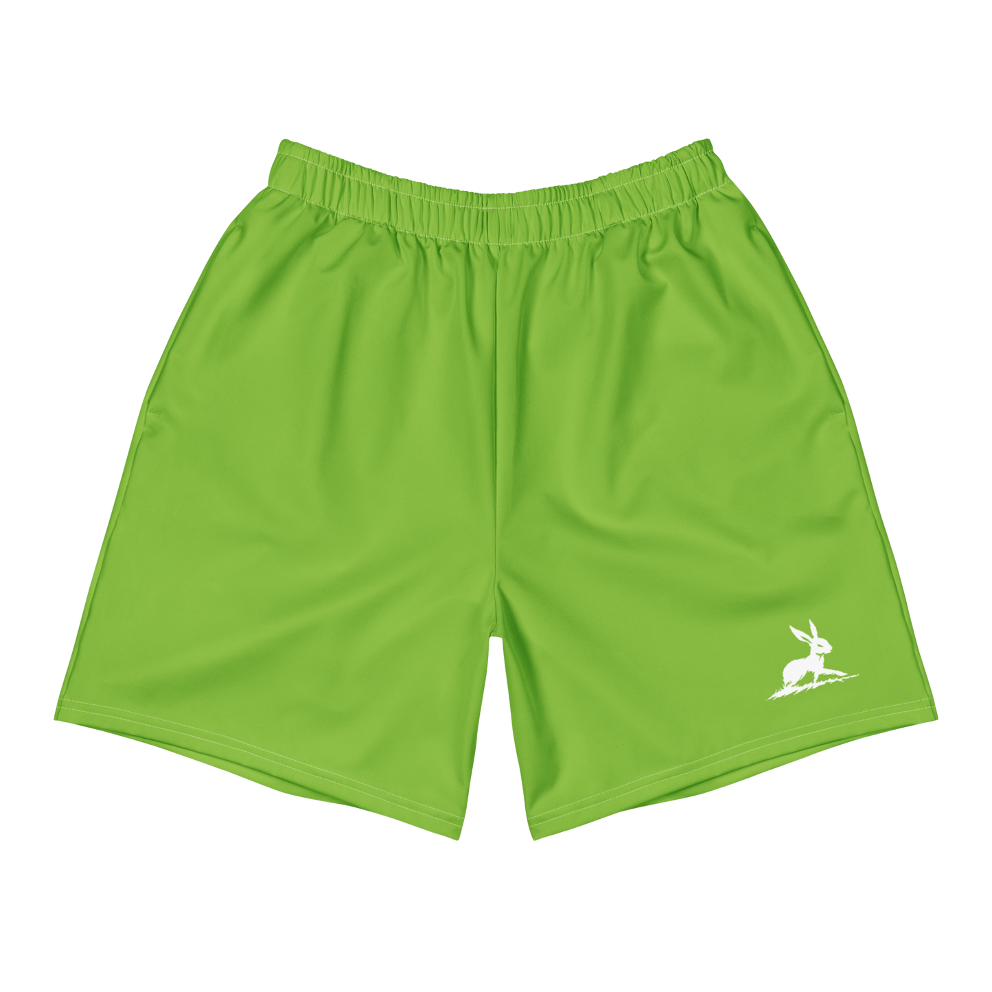 Men's Athletic Shorts 2 with white rabbit design on green fabric.