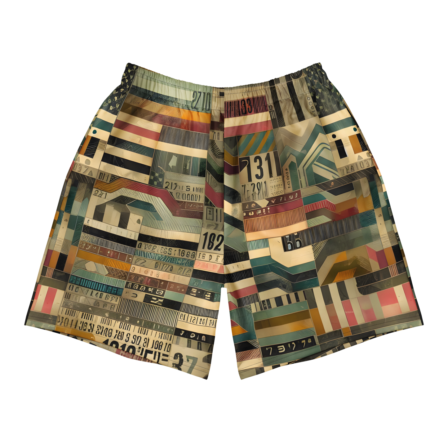 Men's Athletic Shorts 1 featuring varied patterns and barcode close-up.