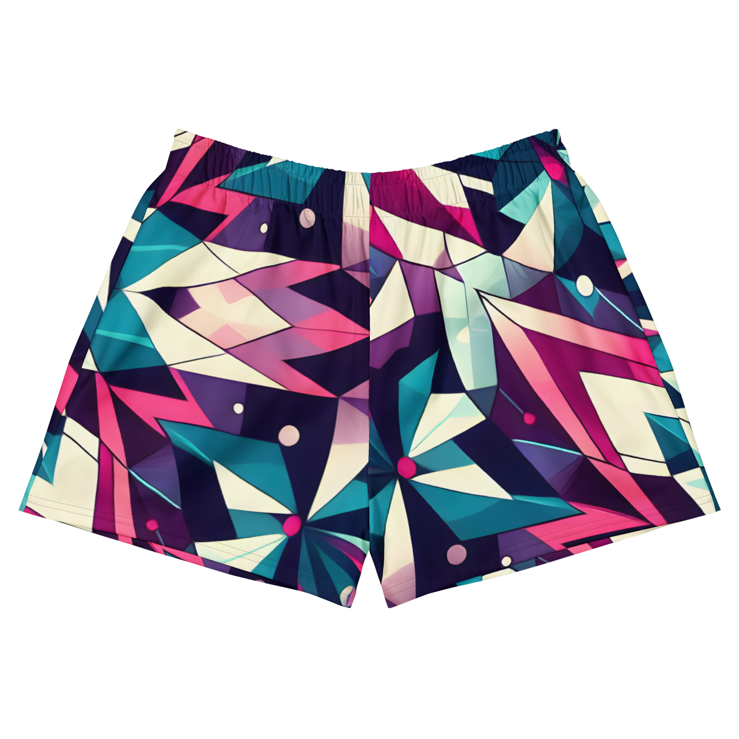 Women’s Athletic Shorts with vibrant pattern, featuring mesh pockets and elastic waistband.