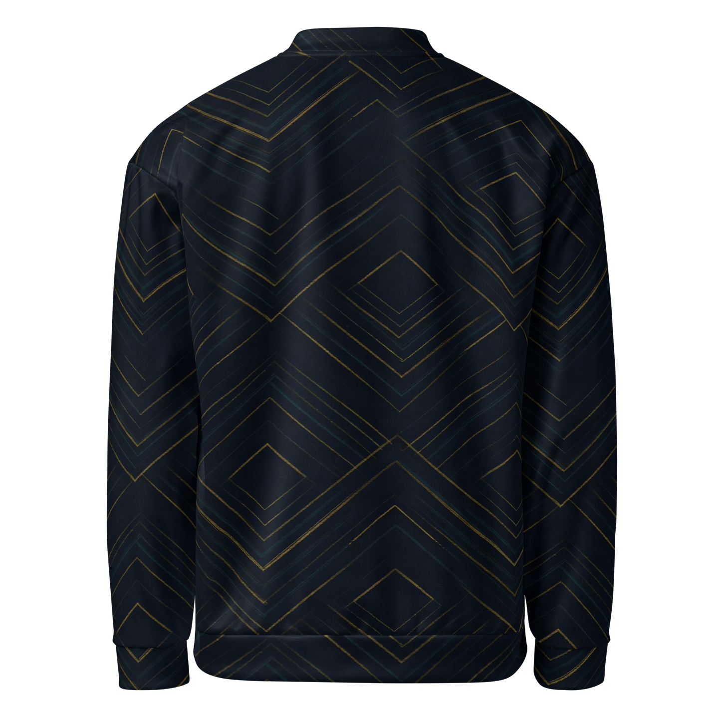 The Meridian: black bomber jacket with gold lines, fleece lining.