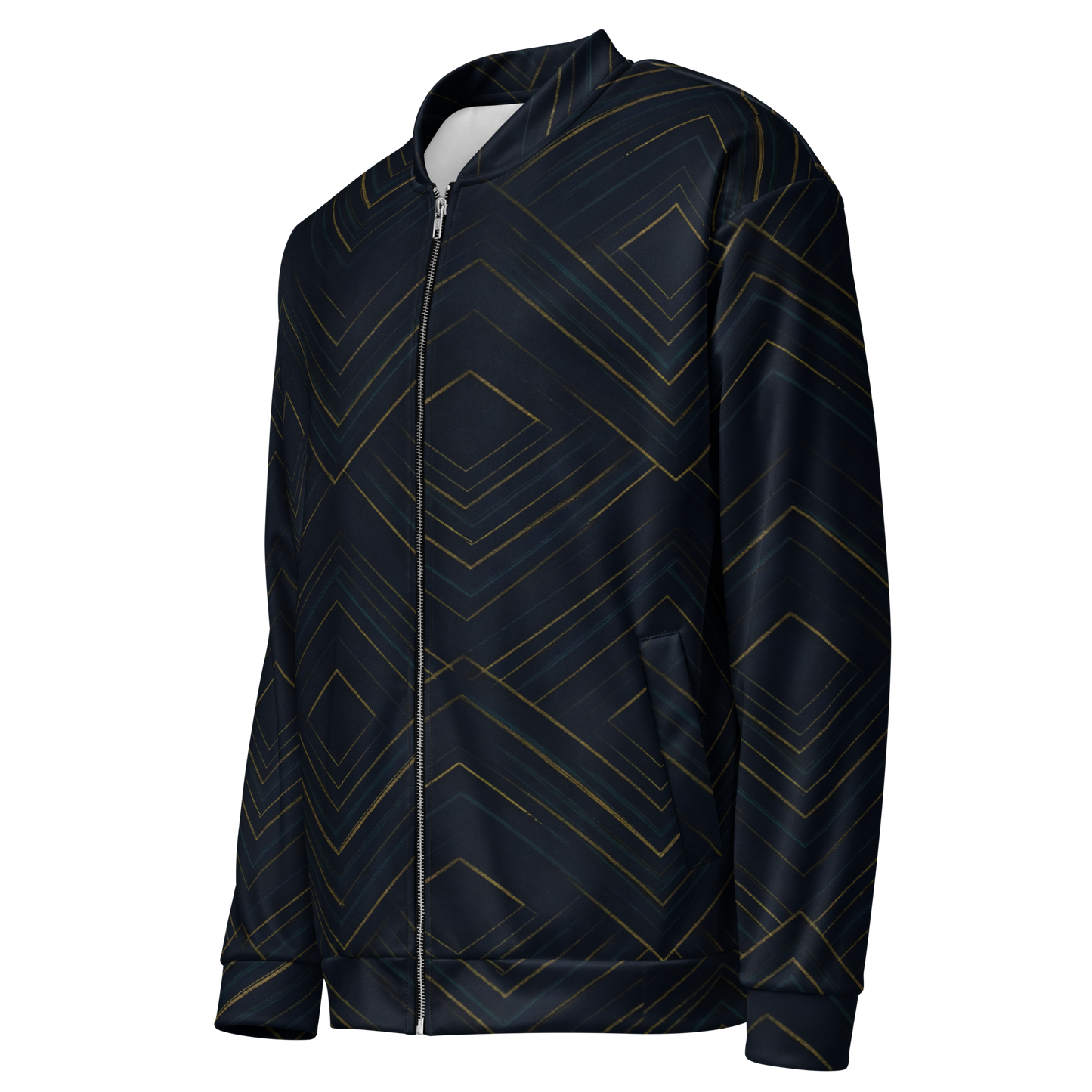 The Meridian bomber jacket with gold lines and brushed fleece lining.