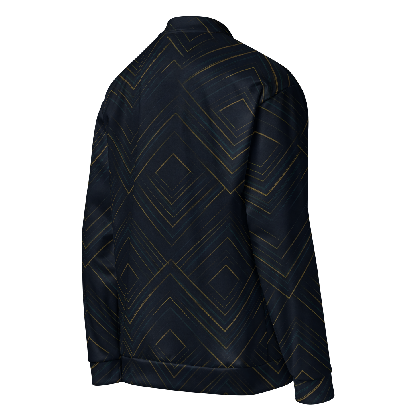 The Meridian bomber jacket with gold diamond pattern and fleece lining.