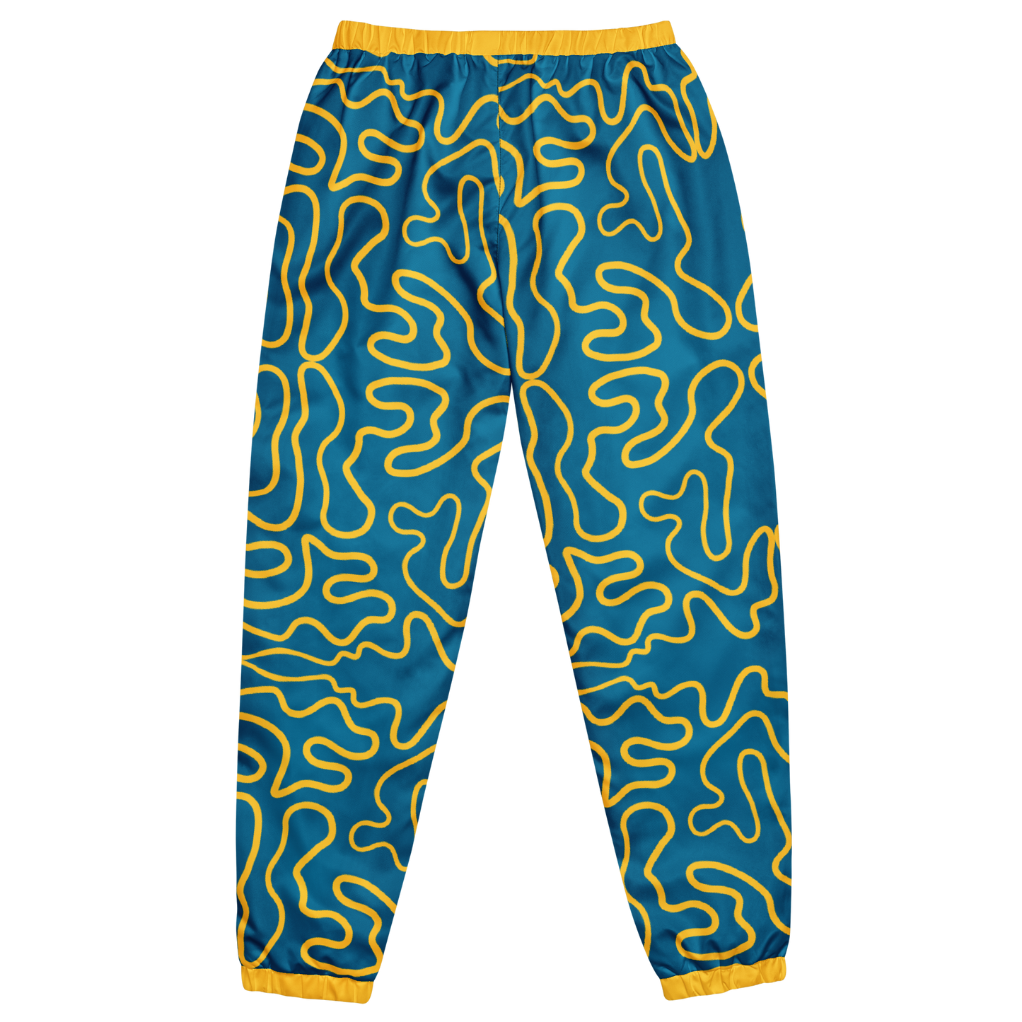 Wavy Line Track Pants close-up, showcasing elastic cuffs and yellow lines.