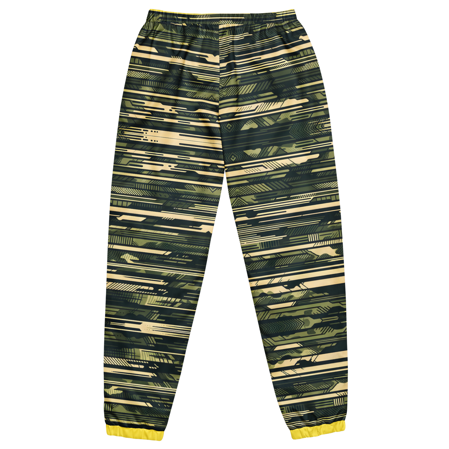 Camo Style Track Pants with pattern, elastic cuffs, and zip pockets.