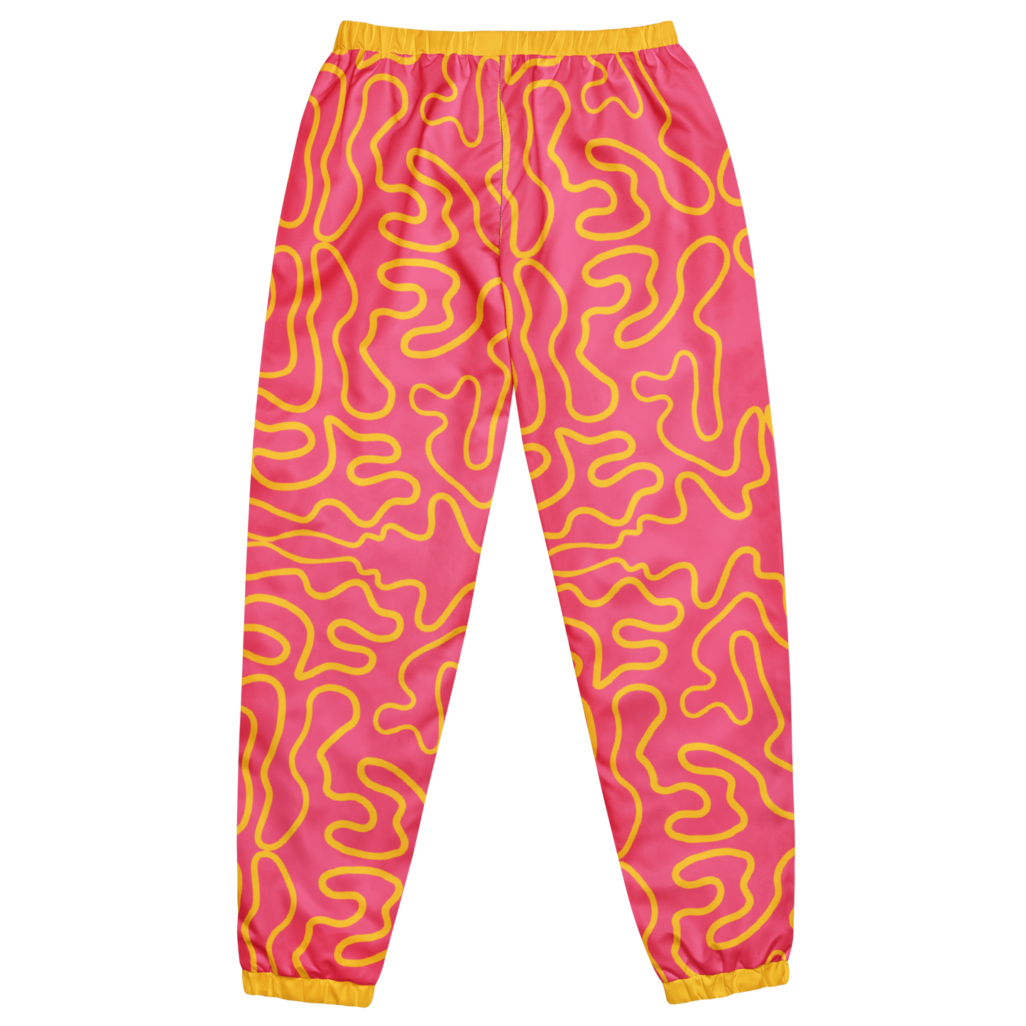 Wavy Line Track Pants with yellow-lined design, elastic cuffs, and zip pockets.