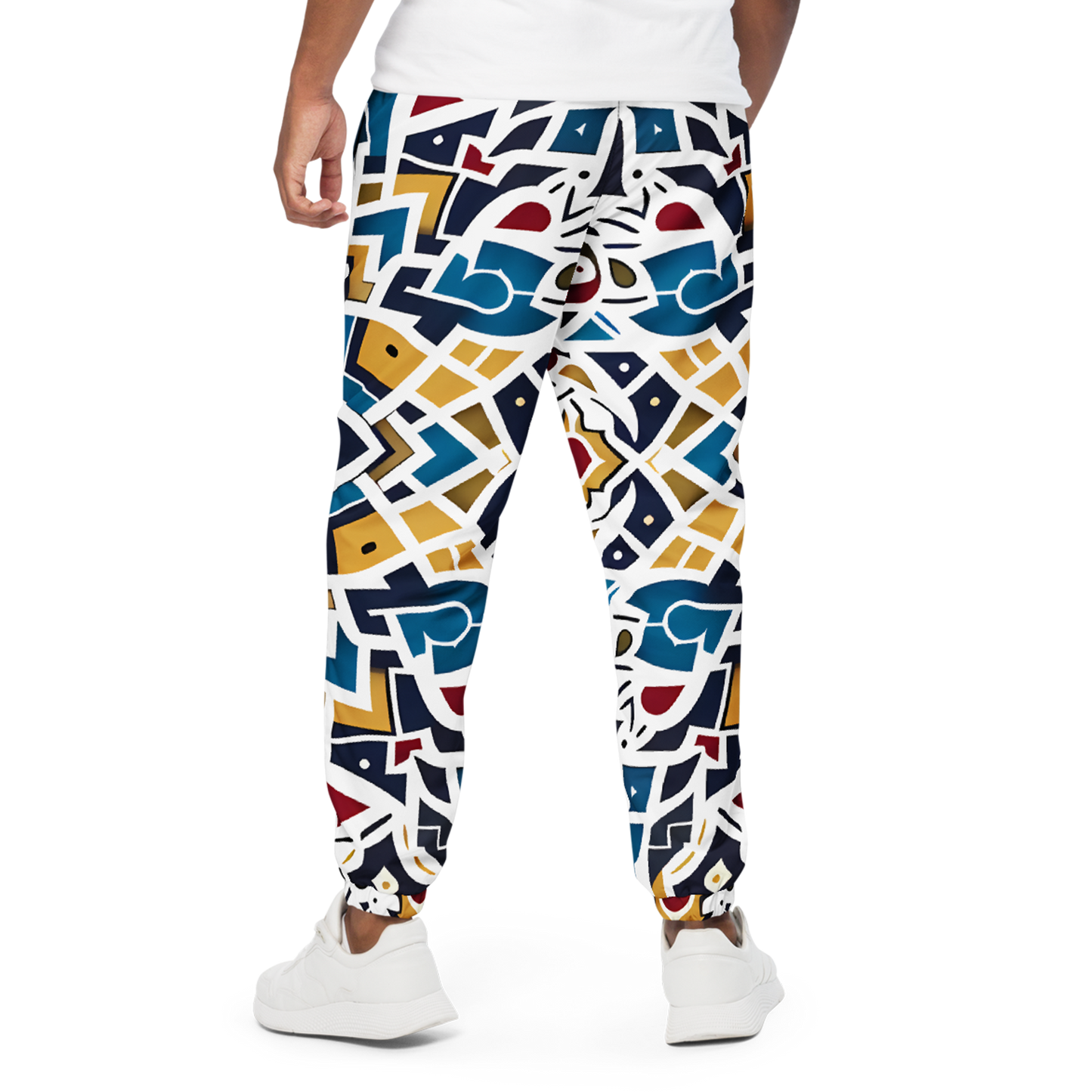 Spectra Shift Track Pants with colorful designs, showcasing mesh lining and elastic cuffs.