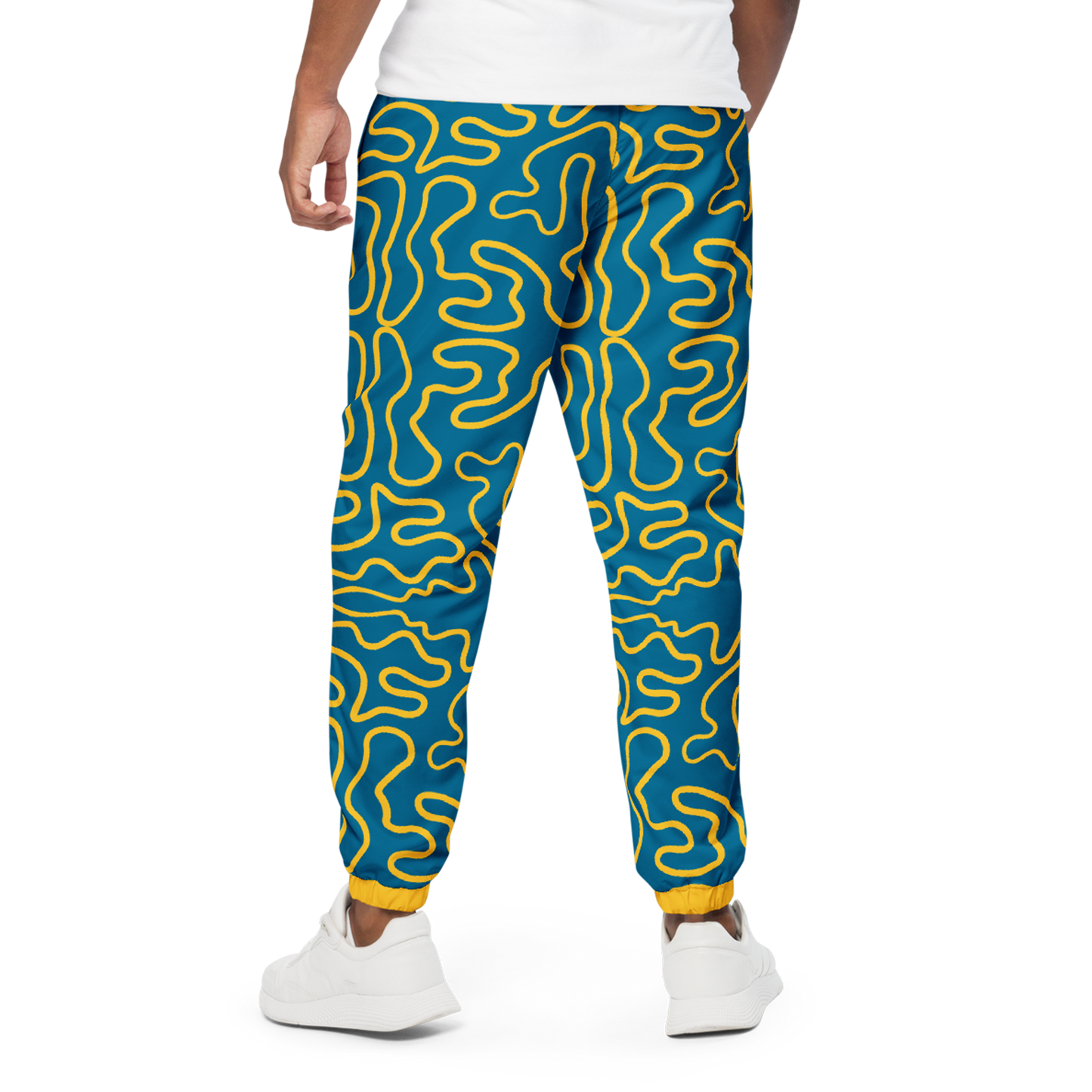 Wavy Line Track Pants, showcasing elastic ankle cuffs and mesh lining.