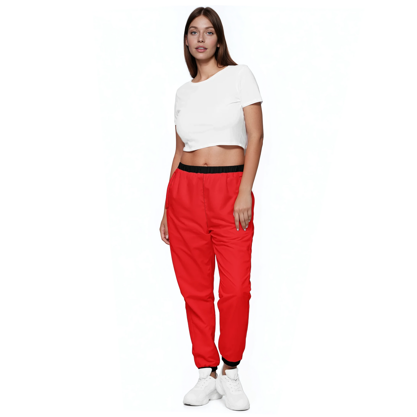 Red Edition Track Pants: close-up of unisex track pants with elastic ankle cuffs.