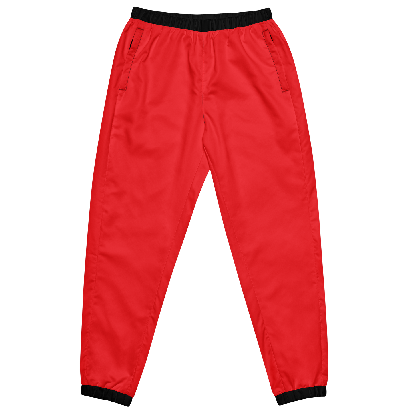 Red Edition Track Pants, close-up of lightweight polyester fabric with elastic ankle cuffs.