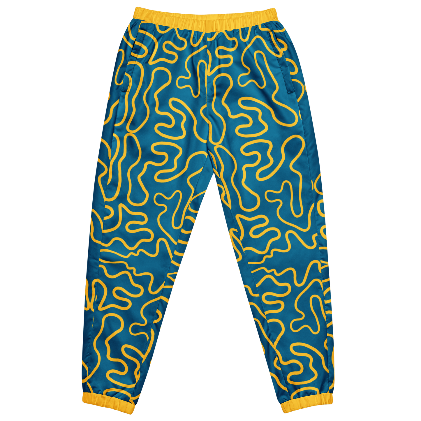 Wavy Line Track Pants with yellow lines, elastic cuffs, mesh lining.