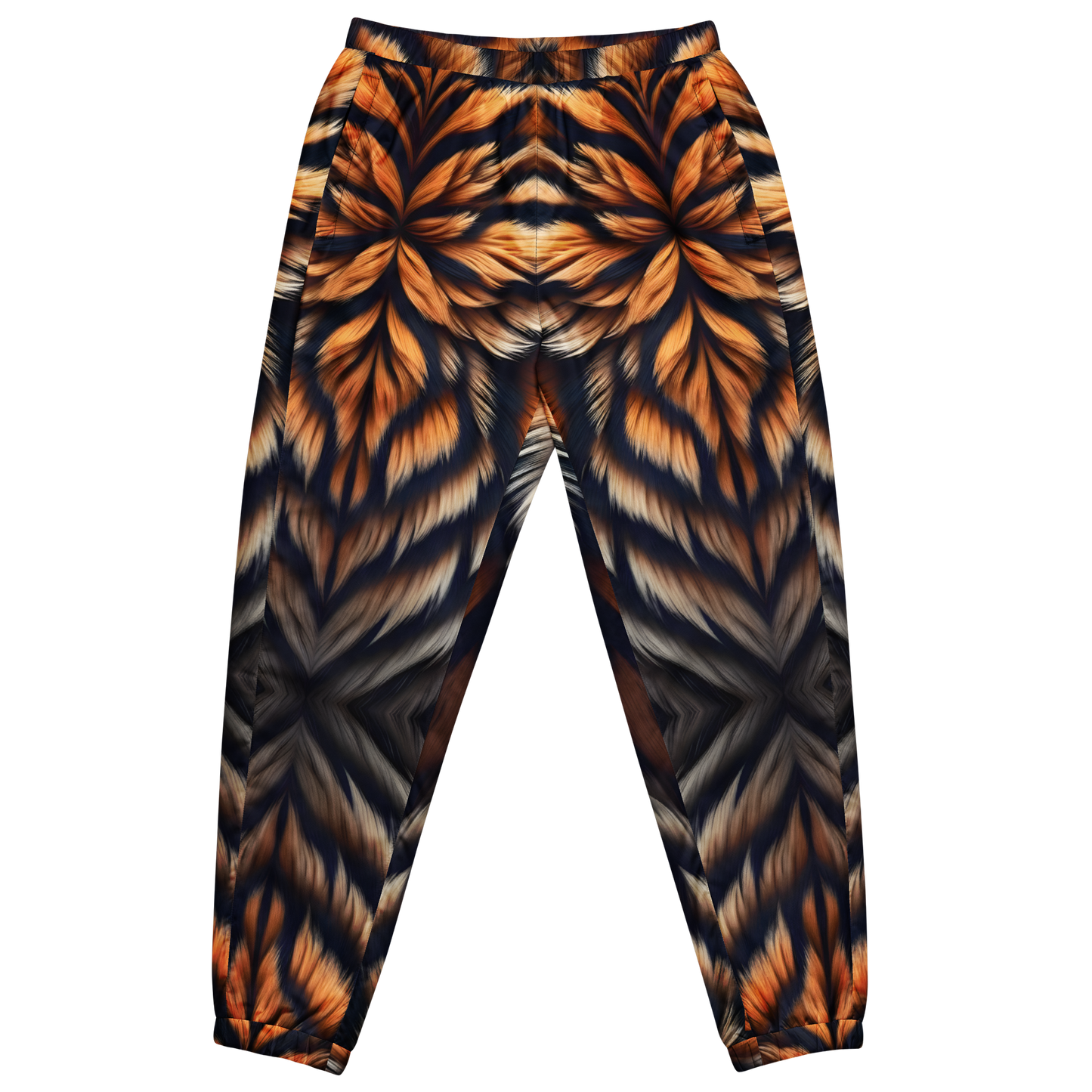 Ember Tiger Track Pants with tiger pattern, elastic cuffs, and zip pockets.