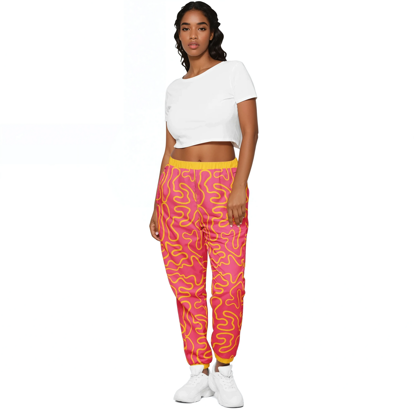 Wavy Line Track Pants showcased by woman in white shirt.