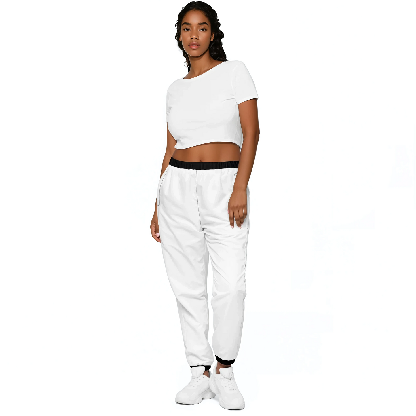 White Edition Track Pants on woman; highlights waist, elastic cuffs, mesh lining.