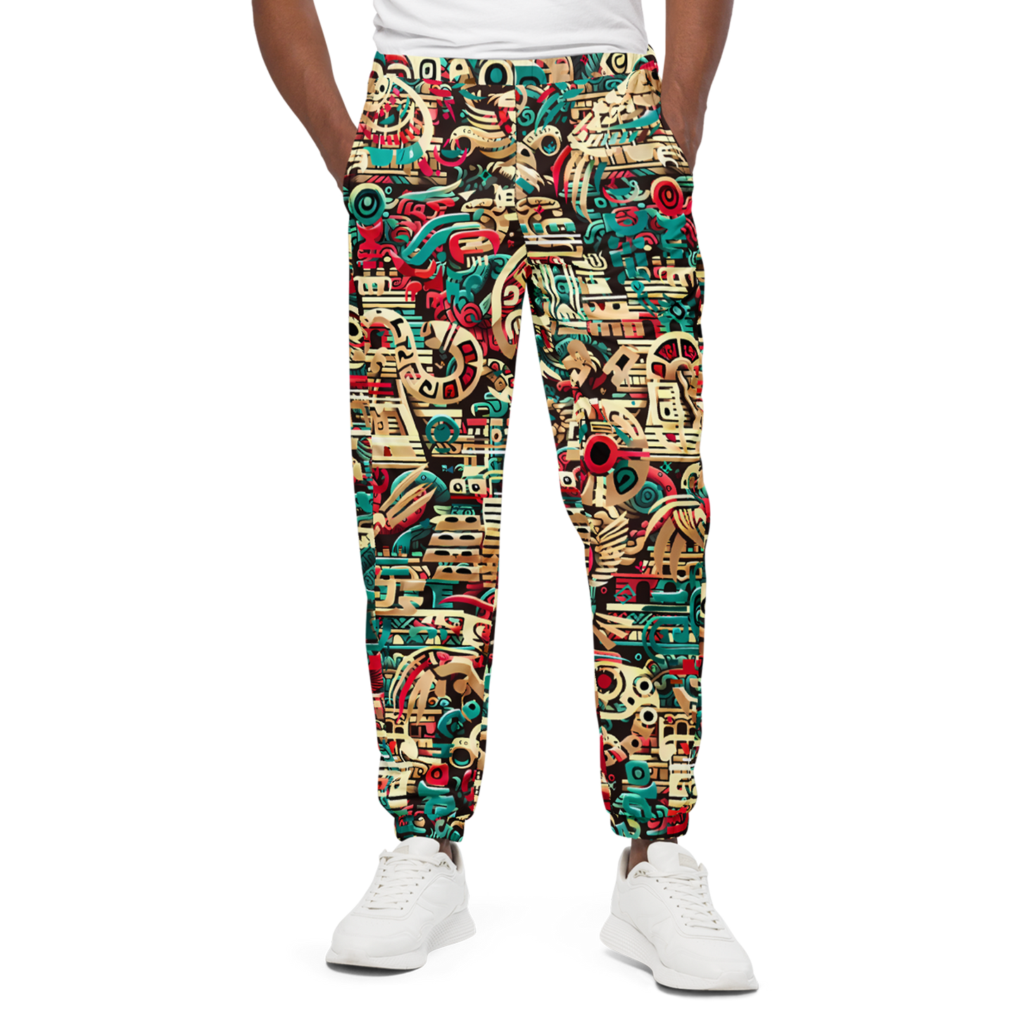 K'uk'ul Horizon Track Pants with colorful patterns, elastic cuffs visible.