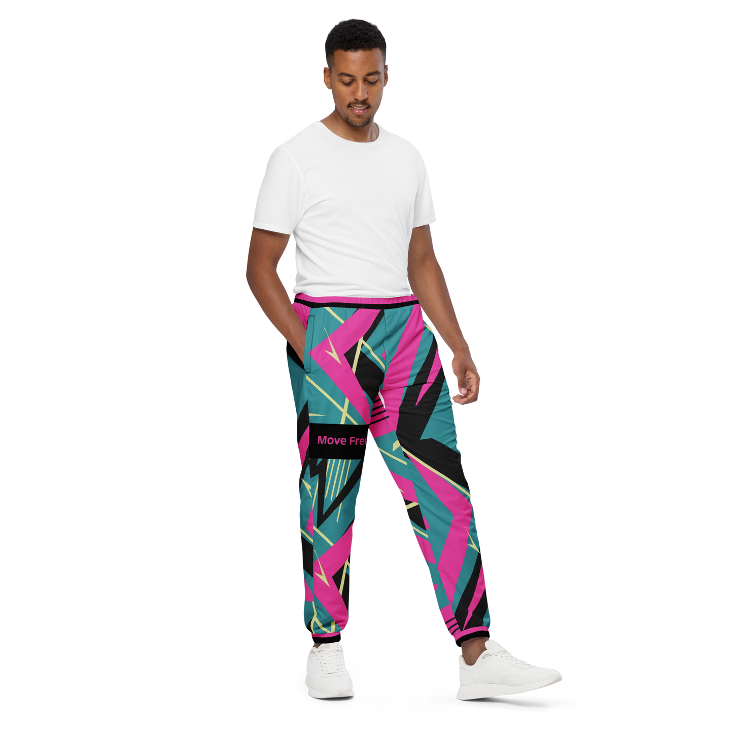 YMotion Track Pants close-up; elastic cuffs highlight sneakers, ideal for casual or active wear.
