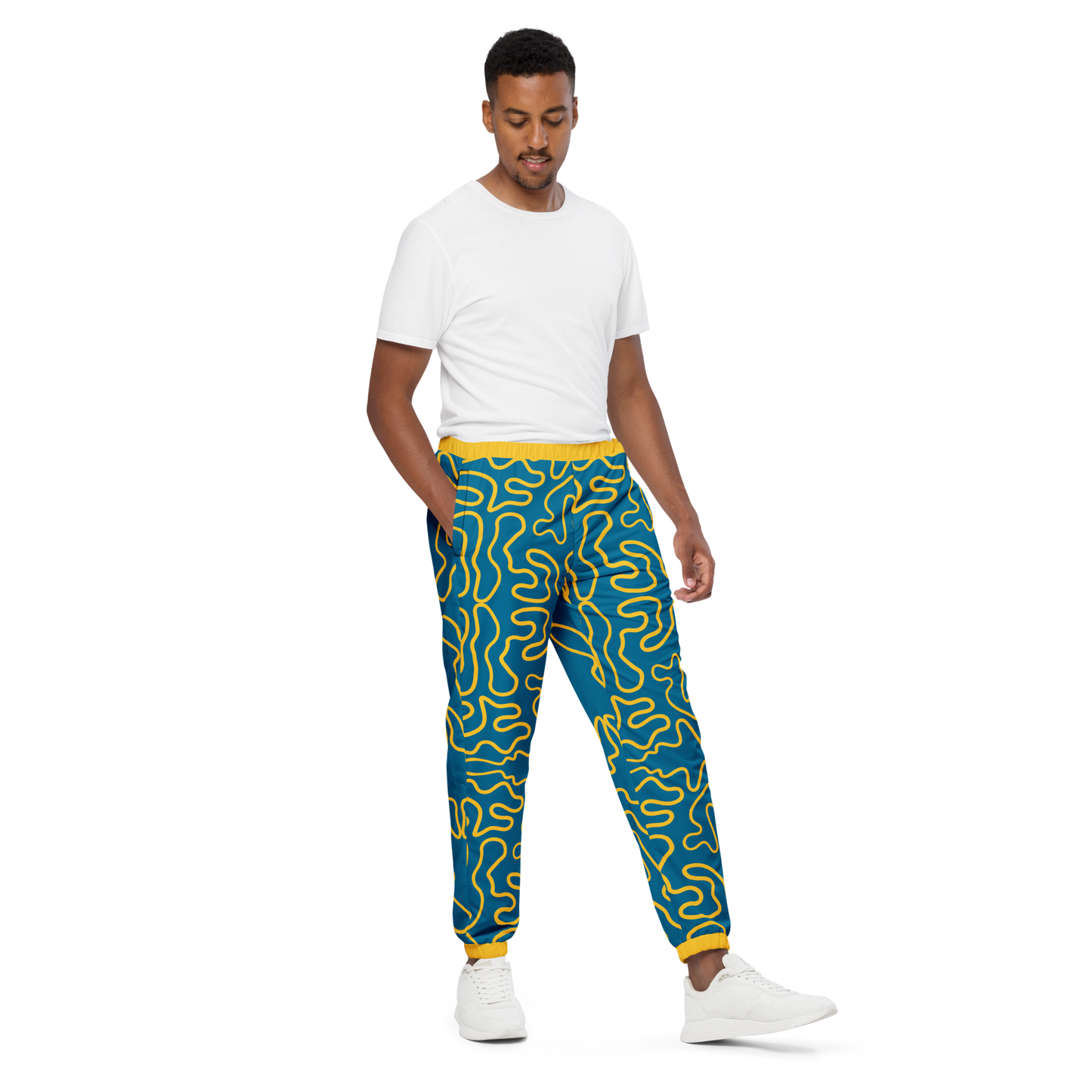 Wavy Line Track Pants showcasing elastic ankle cuffs and relaxed fit.