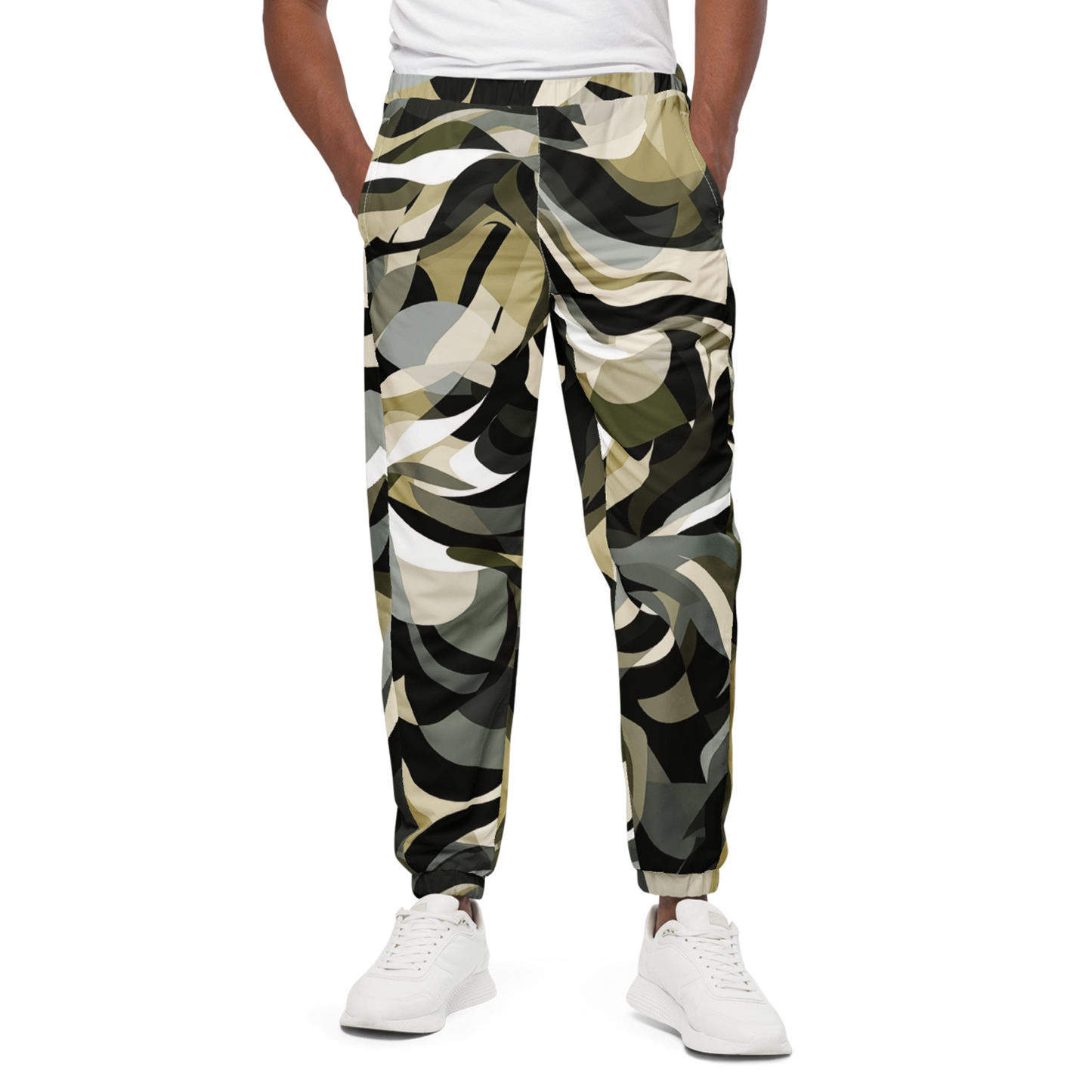 Close-up of LZ Pants showcasing elastic ankle cuffs with white shoes.