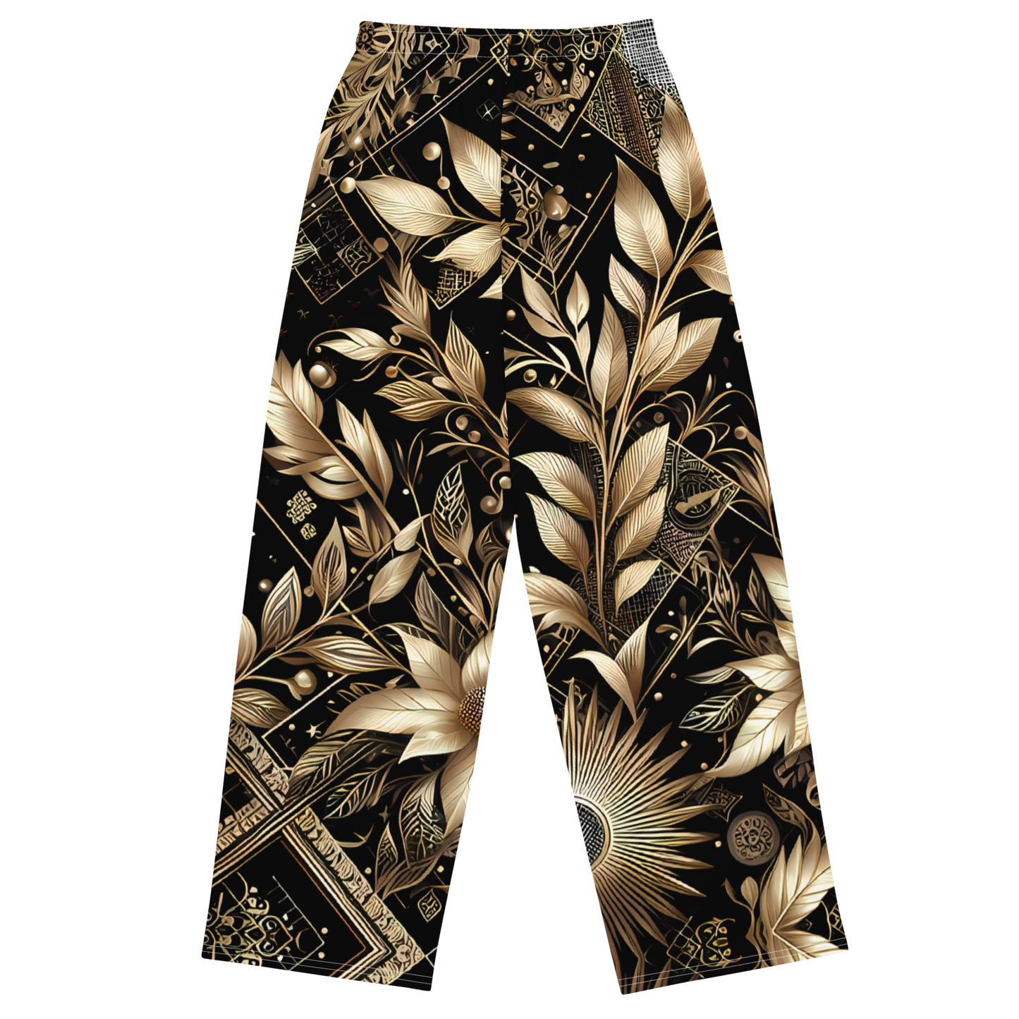 Leafgold Wide-Legs: close-up of gold leaf patterned wide-leg pants.
