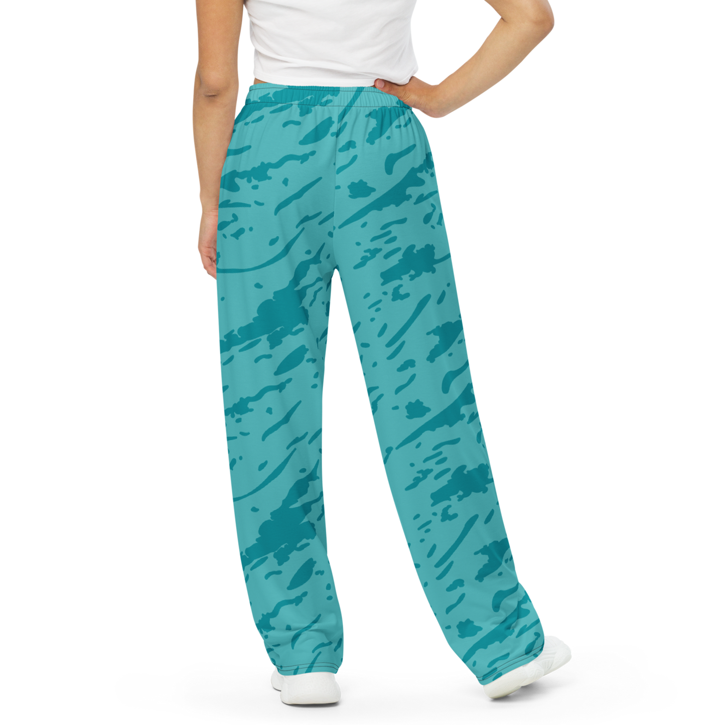 Azure Current Wides: person wearing soft, wide-leg pants with elastic waistband.