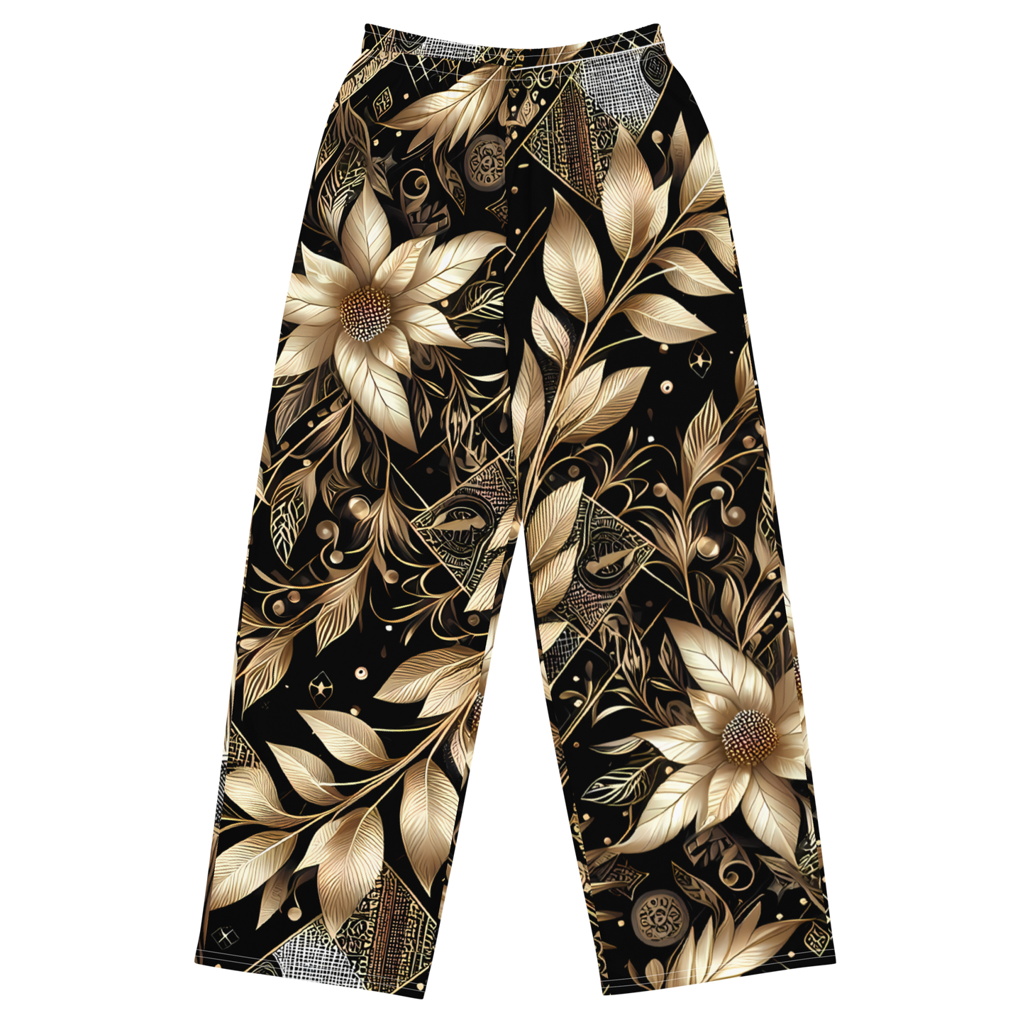 Leafgold Wide-Legs: Stylish wide-leg pants with adjustable waist and side pockets.