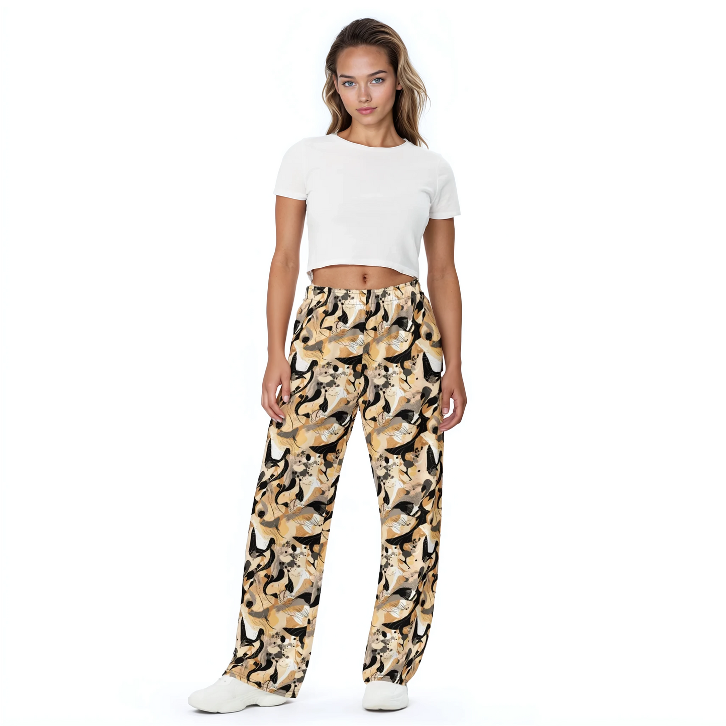 Strata wide-leg pants with elastic waistband and deep pockets for comfort.