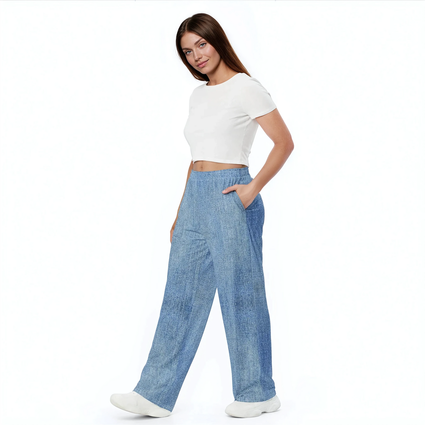 True Ease Wide-Leg Pants: woman in white shirt, blue wide-leg pants.