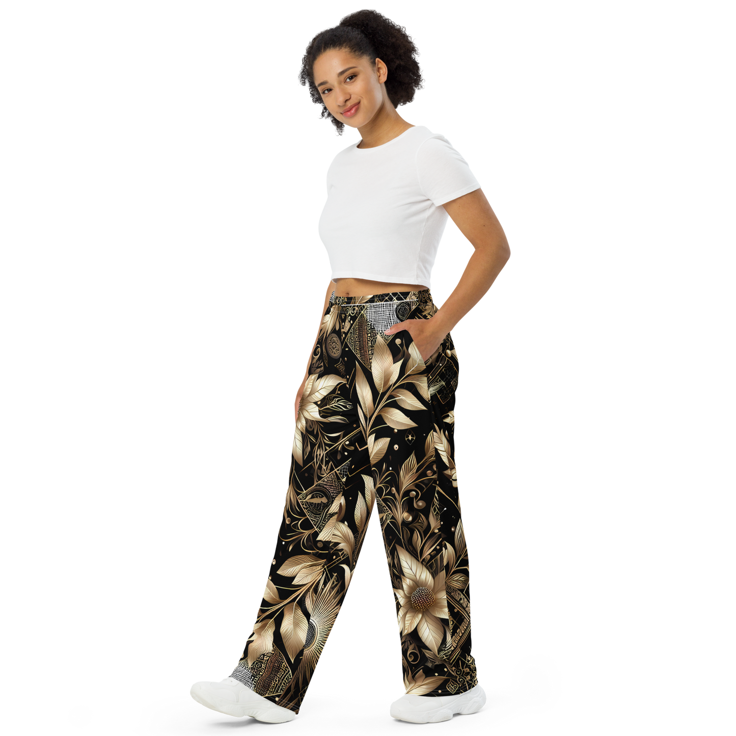 Leafgold Wide-Legs showcased by standing woman in white shirt.