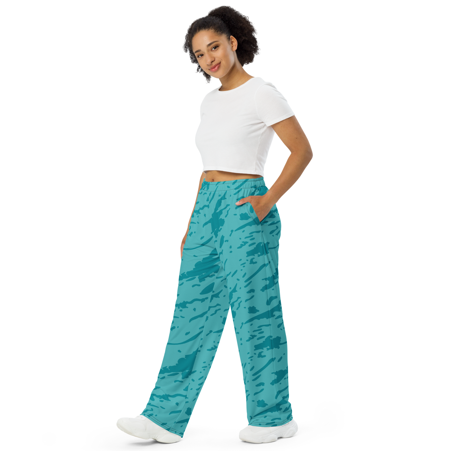 Azure Current Wides: Close-up of wide-leg pants with elastic waistband and pockets.