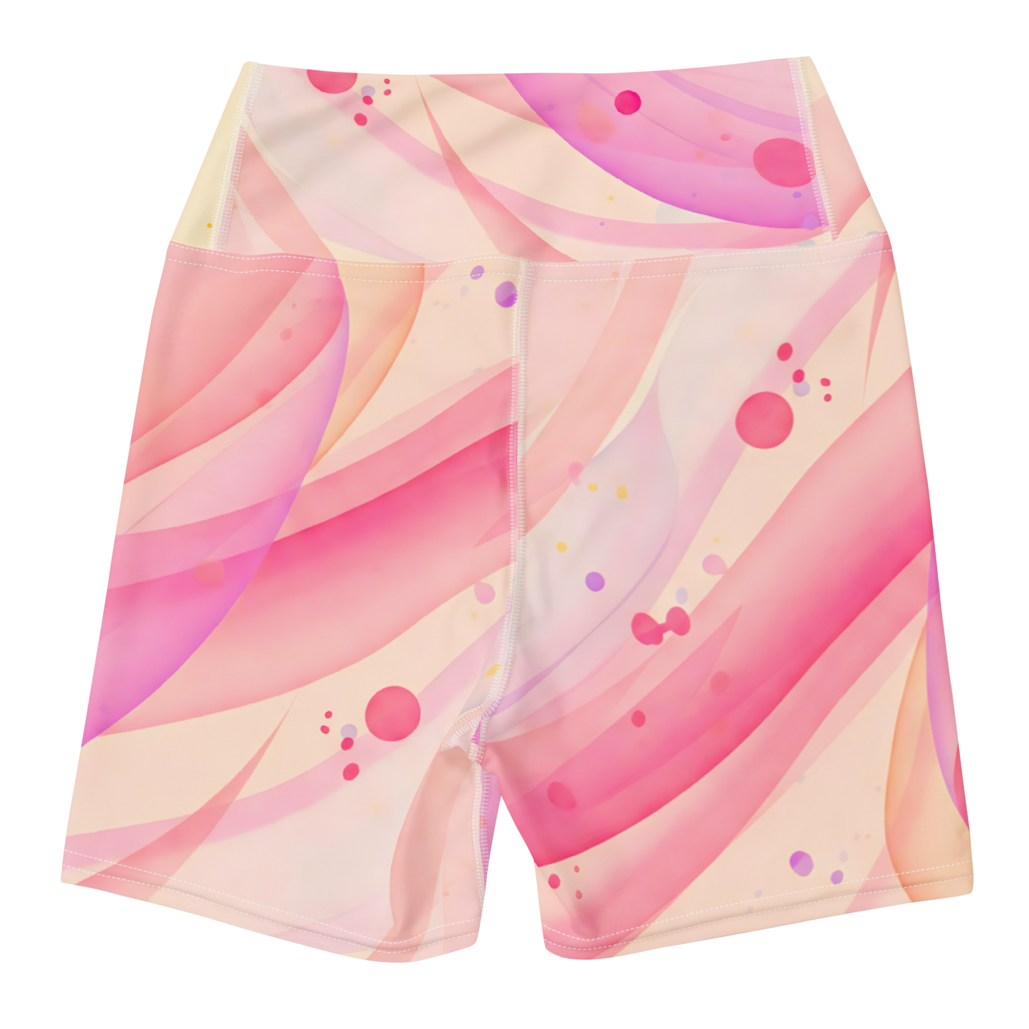 Dreamy Pastel Yoga Shorts showcasing high-rise waistband and four-way stretch.