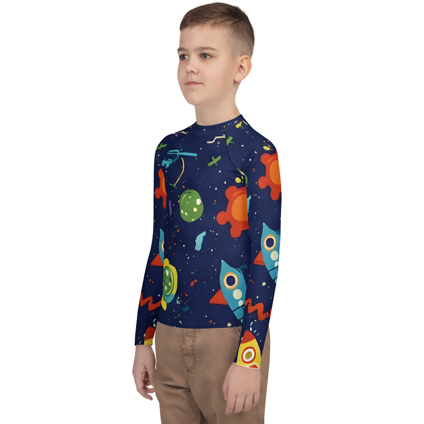 Boy wearing Astro Armor rash guard, showcasing snug fit and extended sleeves.