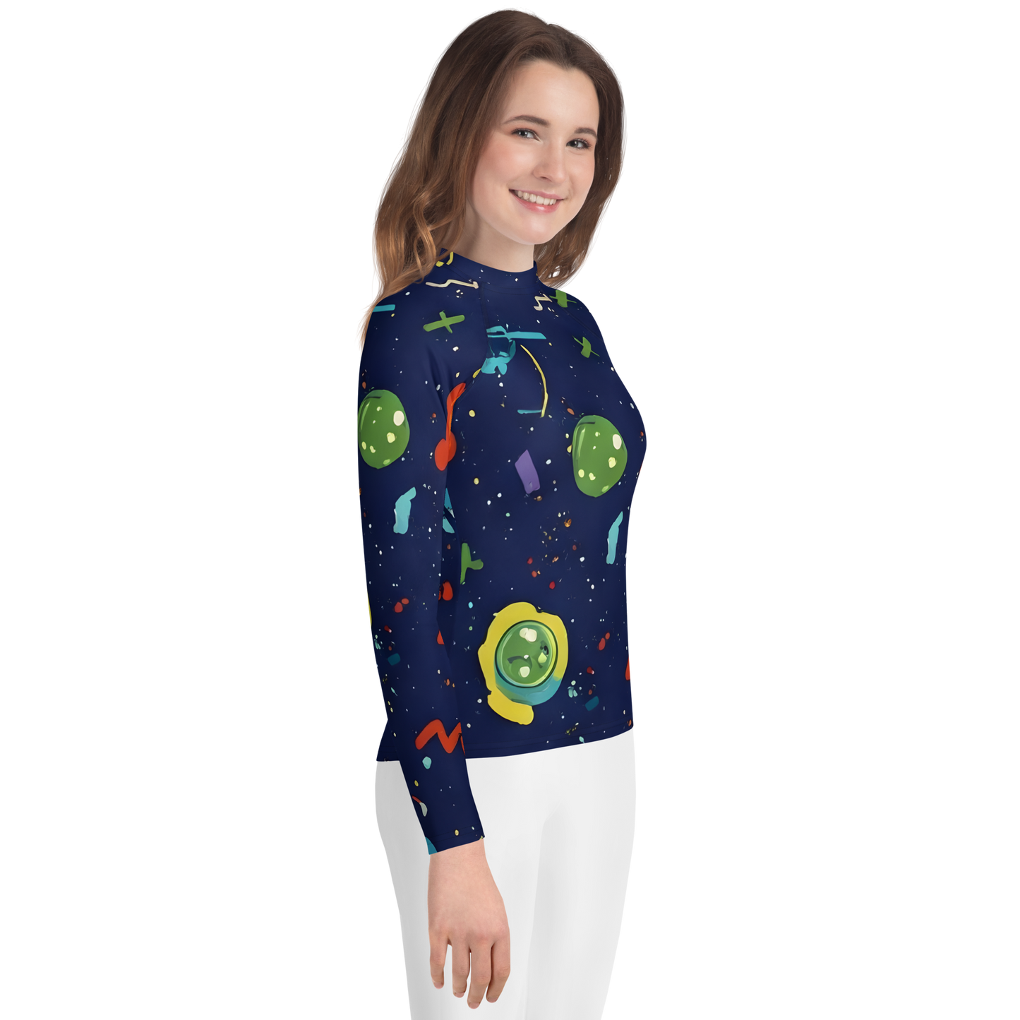 Woman smiling, wearing Astro Armor rash guard with long sleeves, snug fit.