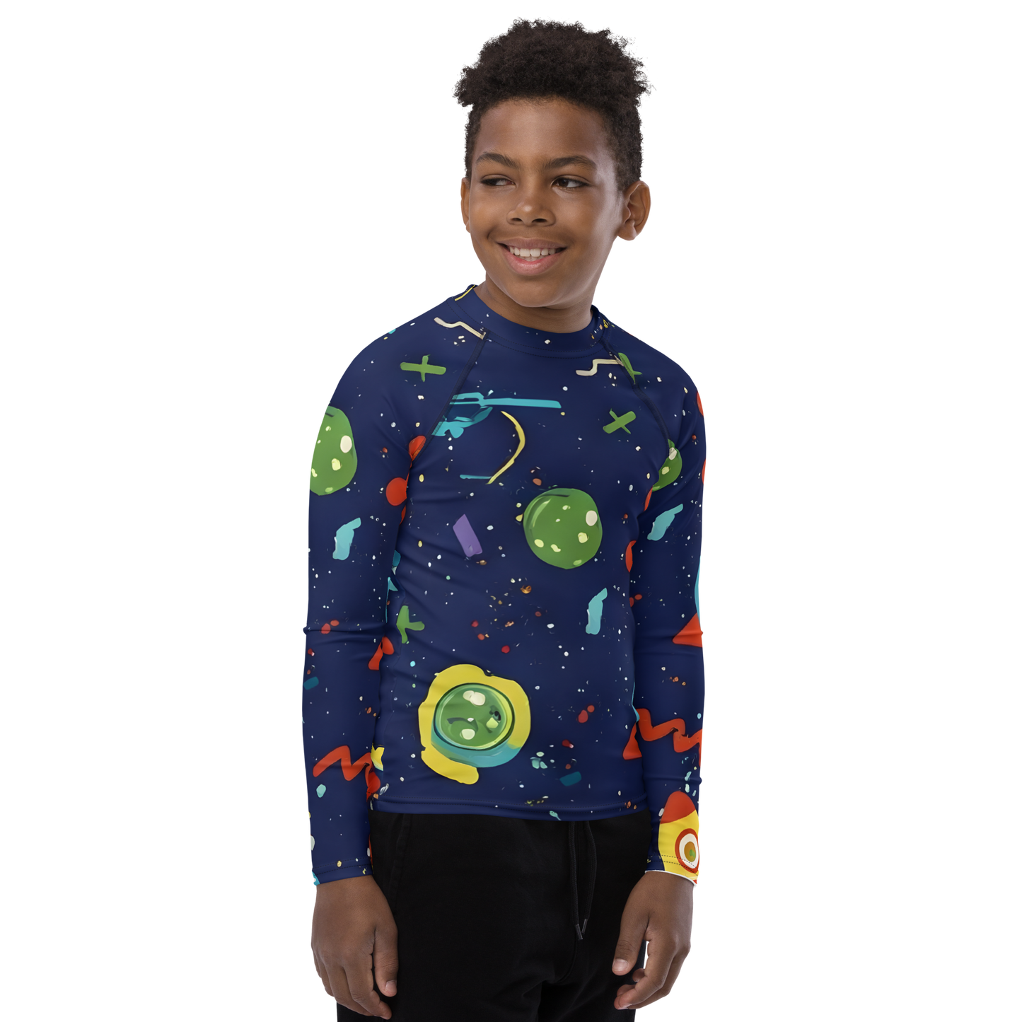 Boy wearing Astro Armor rash guard, showcasing its snug fit and extended sleeves.