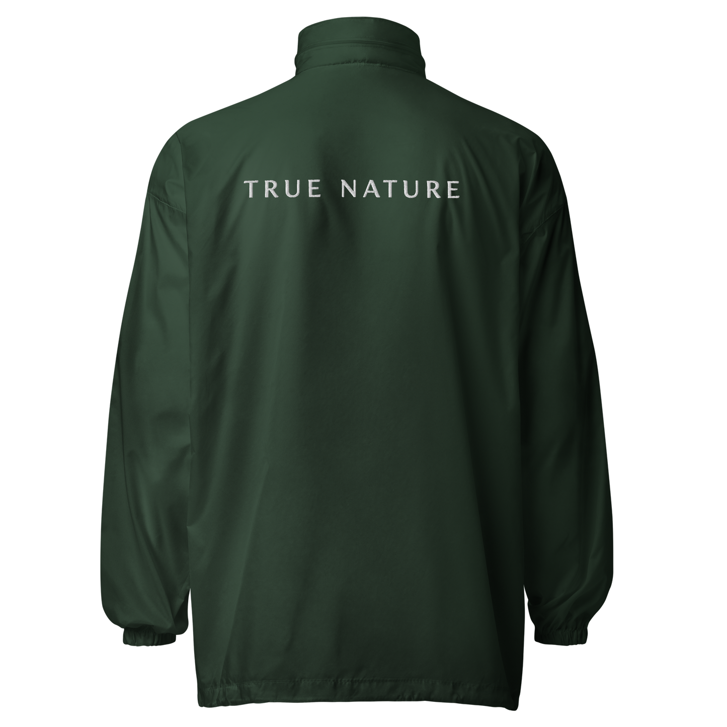 Back of True Nature Windbreaker showcasing white text and zipper detail.