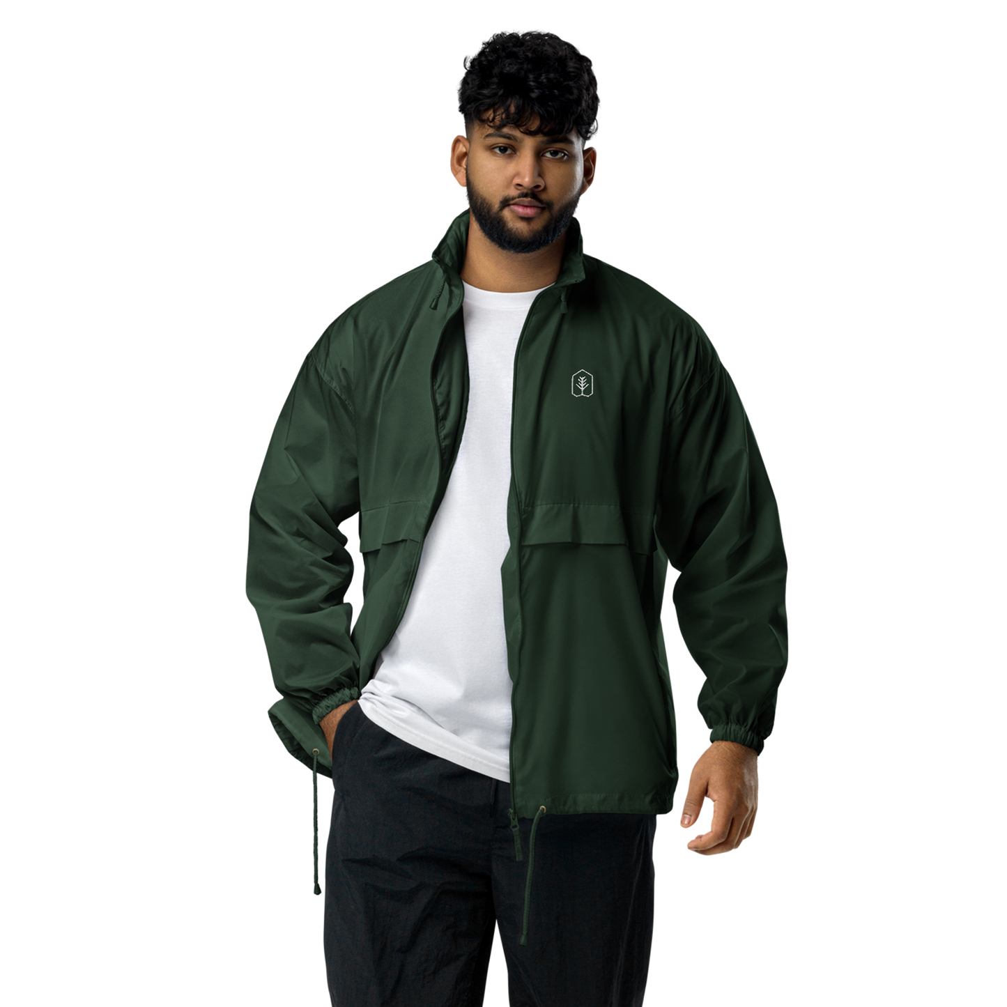 True Nature Windbreaker: man's face close-up, showcasing green jacket details.