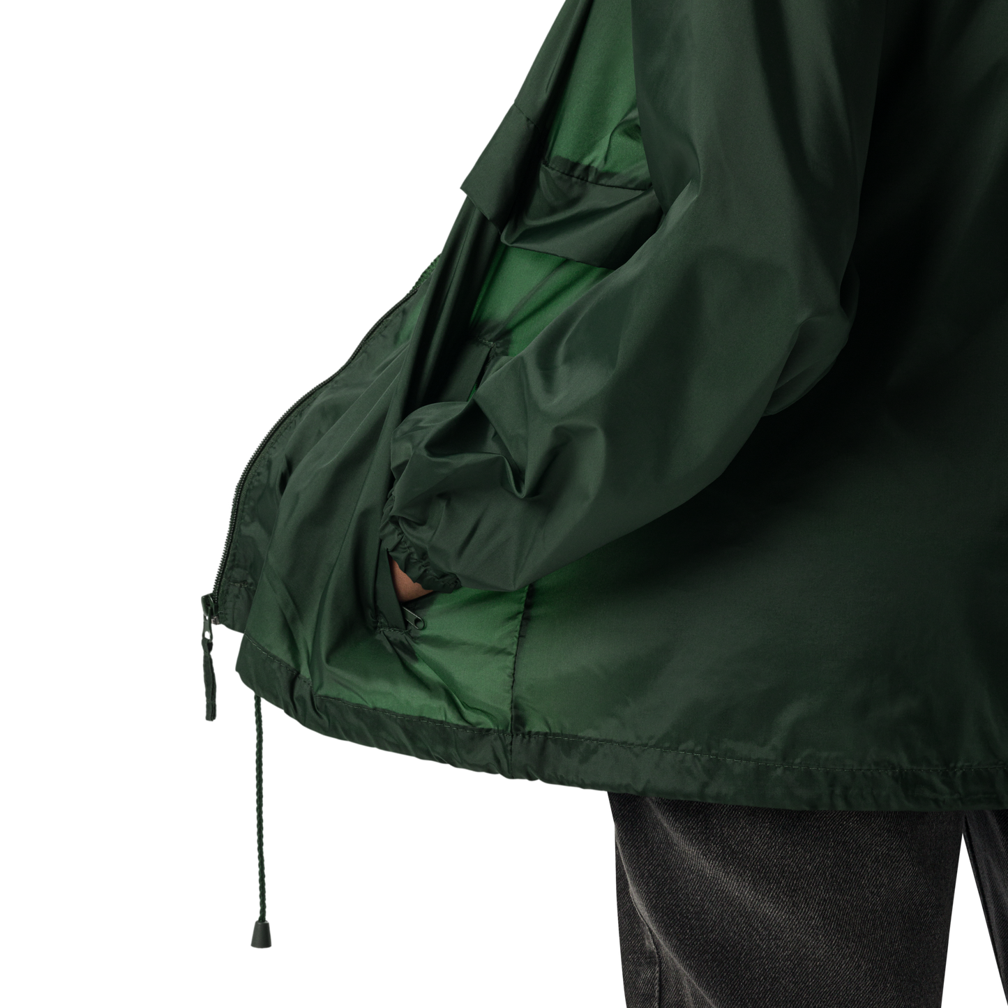 True Nature Windbreaker with hood, zip-up front, and elastic cuffs.