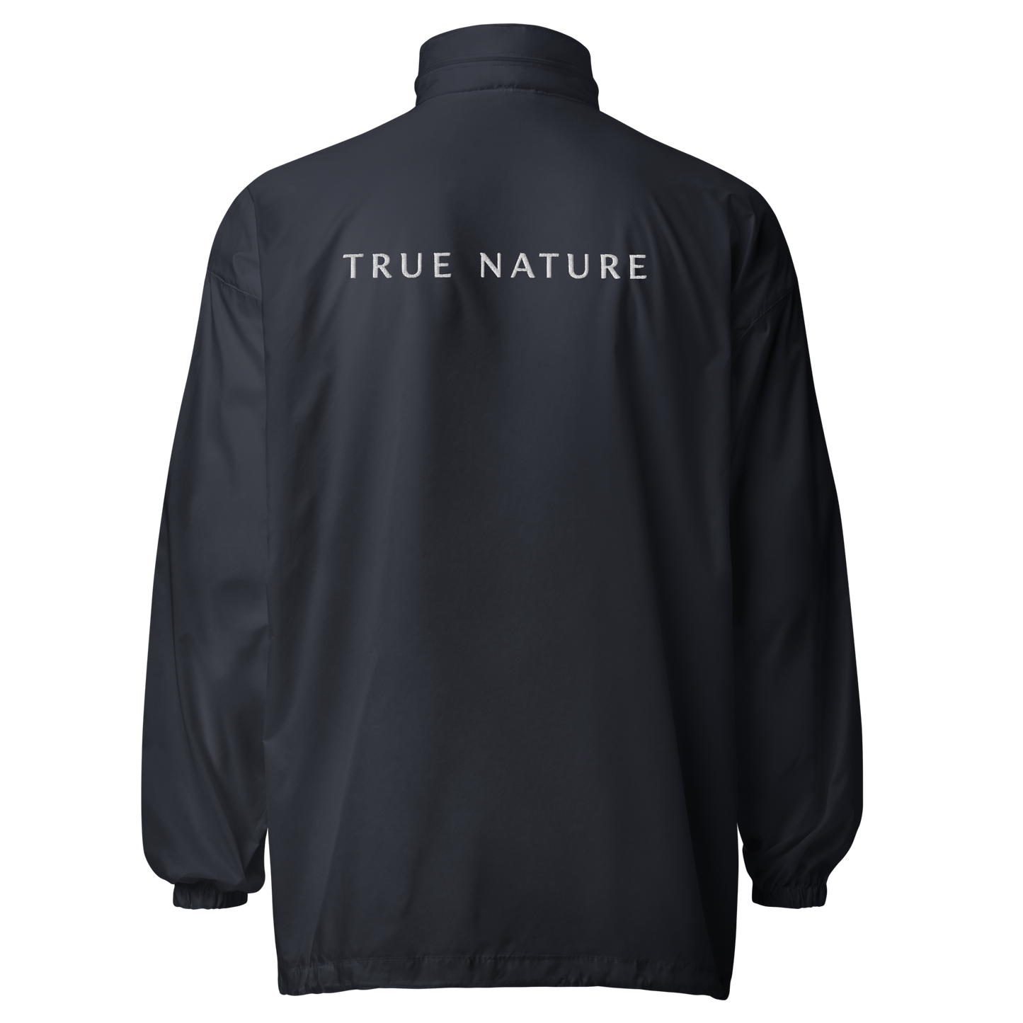 True Nature Windbreaker back view, highlighting zipper and design features.